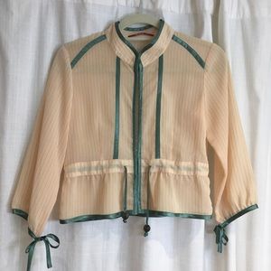 Creamy Blouse with Green Trim